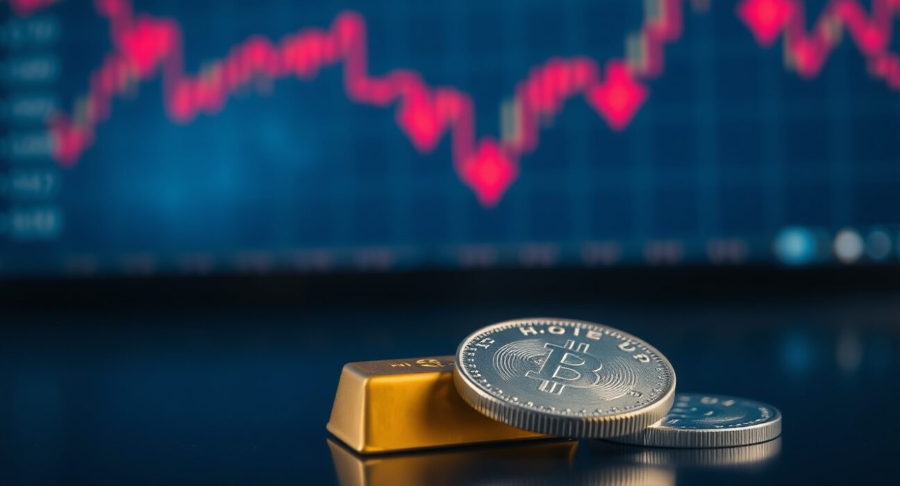 Gold bar and silver coin on dark surface with red trading chart in background indicating price decline