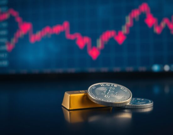 Gold bar and silver coin on dark surface with red trading chart in background indicating price decline