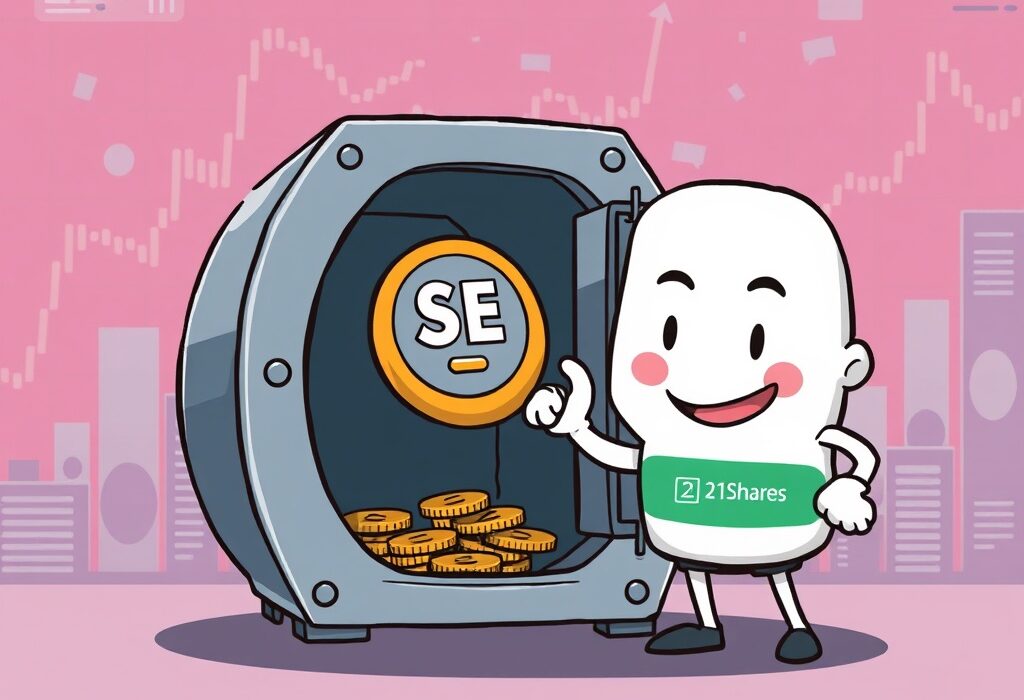 Illustration of 21Shares launching a new investment vehicle, symbolizing the filing for a spot SEI ETF and its potential market impact.