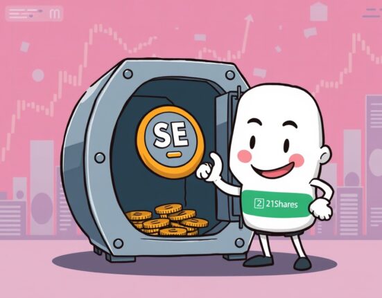 Illustration of 21Shares launching a new investment vehicle, symbolizing the filing for a spot SEI ETF and its potential market impact.
