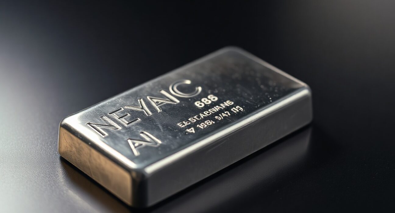 Close-up of a silver bar on a dark reflective surface, representing the recent price drop in spot silver.