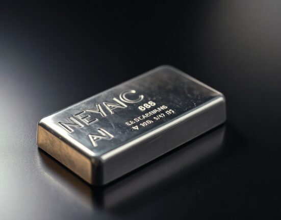 Close-up of a silver bar on a dark reflective surface, representing the recent price drop in spot silver.