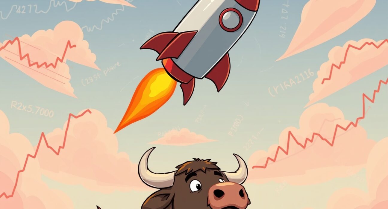 Spot silver represented as a rocket-powered bar soaring to a record high in a vibrant market scene.