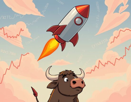 Spot silver represented as a rocket-powered bar soaring to a record high in a vibrant market scene.