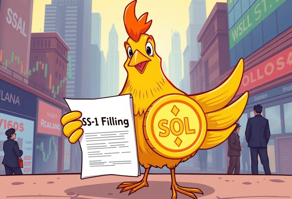 A cartoon canary presents an S-1 filing next to a Solana coin, symbolizing the significant progress towards a spot SOL ETF.