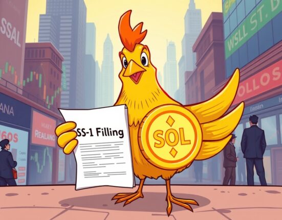 A cartoon canary presents an S-1 filing next to a Solana coin, symbolizing the significant progress towards a spot SOL ETF.