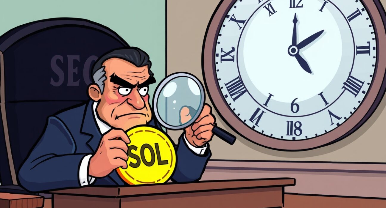 An SEC official scrutinizing a Solana coin, symbolizing the regulatory review process for a spot SOL ETF.