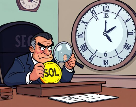 An SEC official scrutinizing a Solana coin, symbolizing the regulatory review process for a spot SOL ETF.