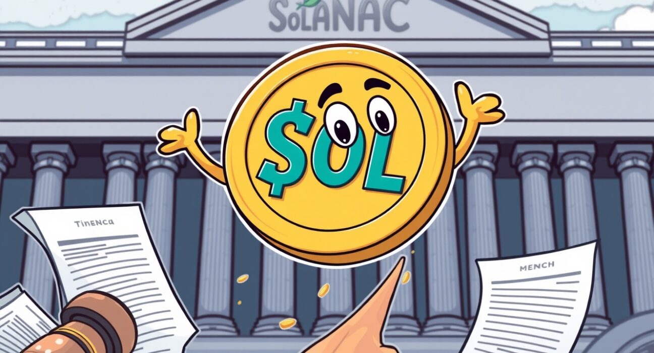 A cartoon Solana coin breaking through regulatory hurdles, symbolizing Canary Capital's persistent effort for a Spot Solana ETF approval.