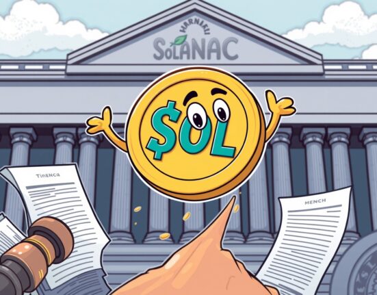 A cartoon Solana coin breaking through regulatory hurdles, symbolizing Canary Capital's persistent effort for a Spot Solana ETF approval.