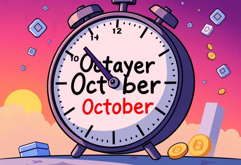 A cartoon clock showing an October delay for the Spot Solana ETF, symbolizing regulatory anticipation for digital asset investments.