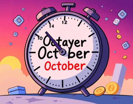 A cartoon clock showing an October delay for the Spot Solana ETF, symbolizing regulatory anticipation for digital asset investments.