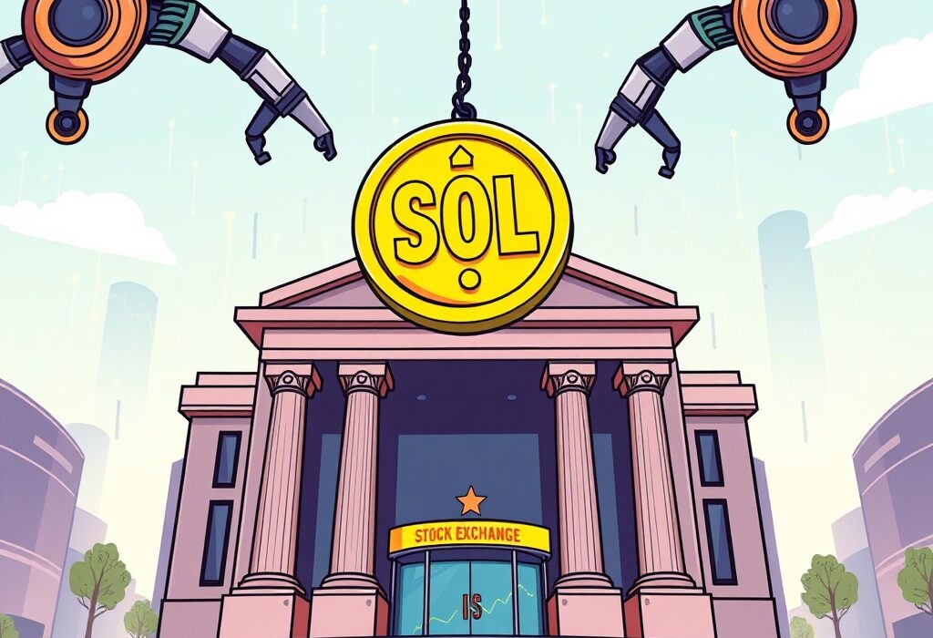 A cartoon illustration showing a Solana coin moving towards a stock exchange building, symbolizing the progress of a spot Solana ETF.