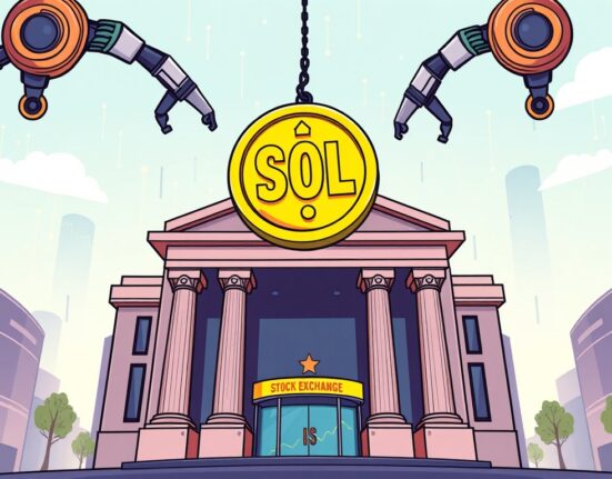 A cartoon illustration showing a Solana coin moving towards a stock exchange building, symbolizing the progress of a spot Solana ETF.