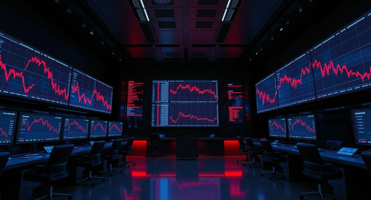 Cryptocurrency exchange trading floor monitors showing declining spot trading volume charts in red.
