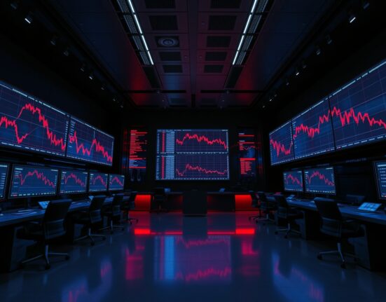 Cryptocurrency exchange trading floor monitors showing declining spot trading volume charts in red.