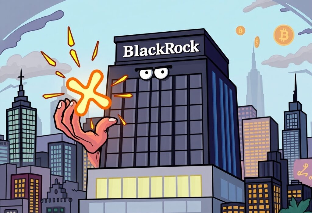 An illustration depicting BlackRock's careful evaluation of a potential spot XRP ETF amidst market uncertainties.