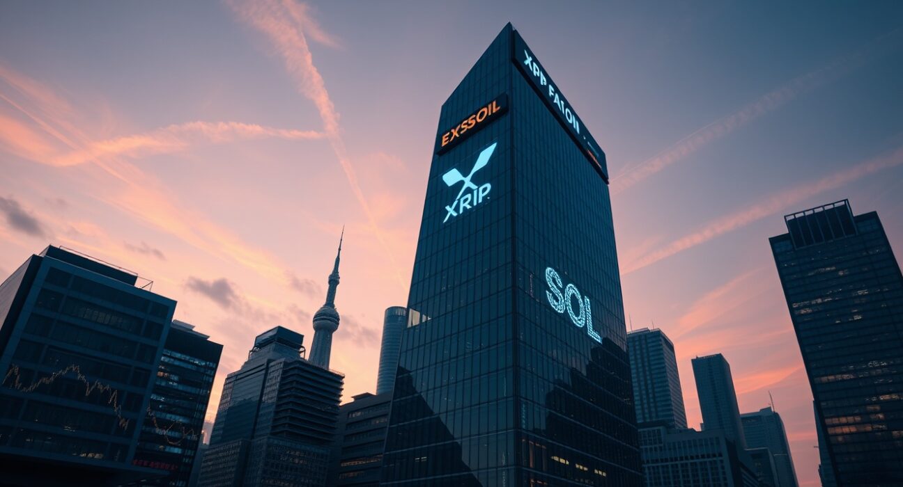 Financial district skyline with digital trading ticker showing XRP and SOL