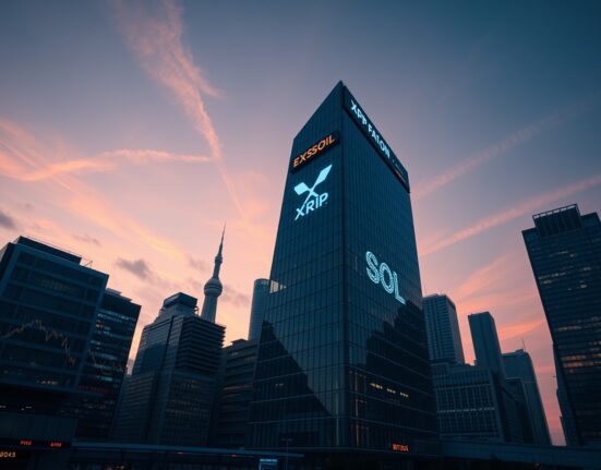 Financial district skyline with digital trading ticker showing XRP and SOL