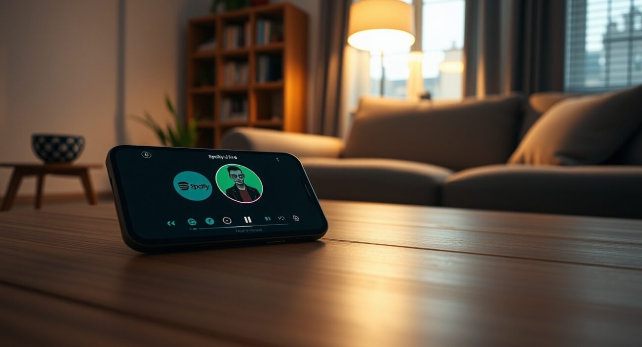 Smartphone displaying Spotify AI DJ interface on a coffee table in a cozy living room