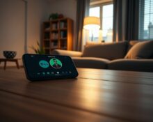 Smartphone displaying Spotify AI DJ interface on a coffee table in a cozy living room