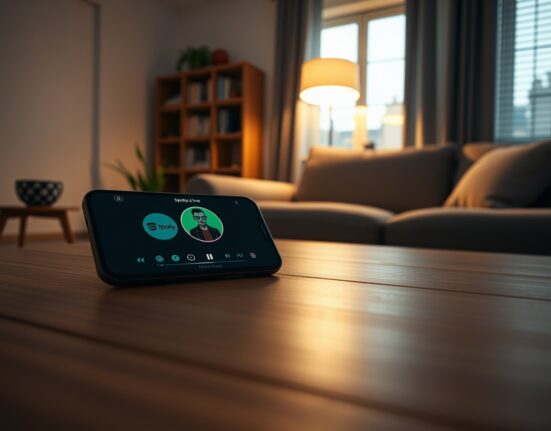 Smartphone displaying Spotify AI DJ interface on a coffee table in a cozy living room