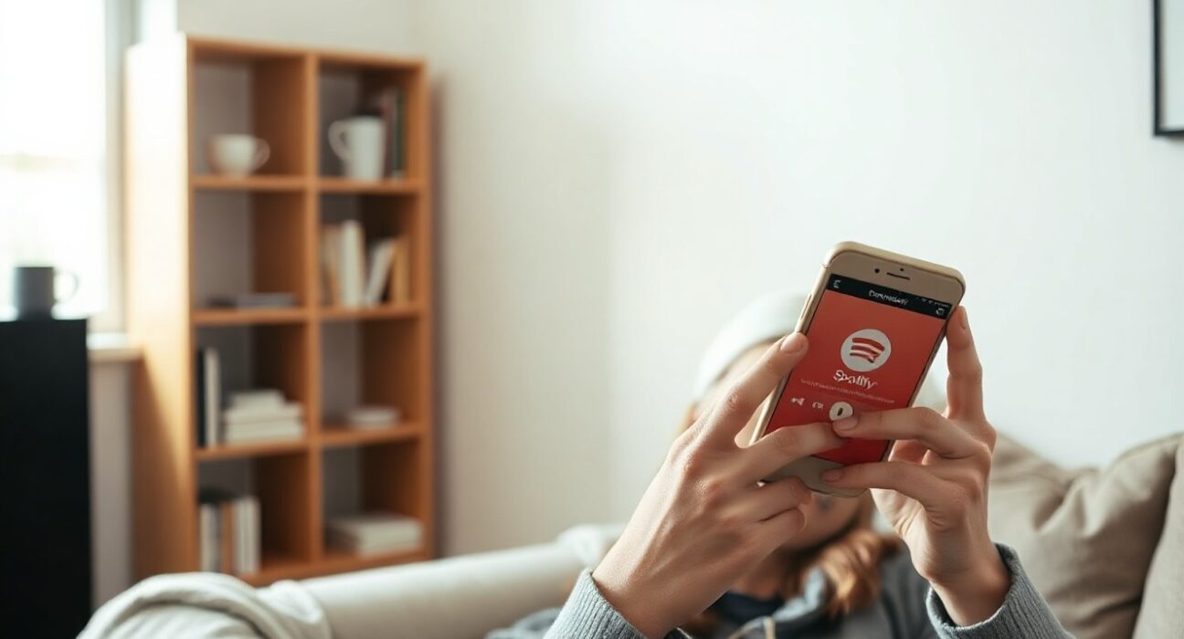 Person listening to an AI-generated podcast on Spotify app on a smartphone in a bright living room