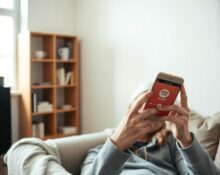 Person listening to an AI-generated podcast on Spotify app on a smartphone in a bright living room