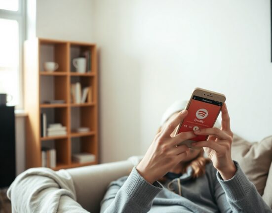 Person listening to an AI-generated podcast on Spotify app on a smartphone in a bright living room