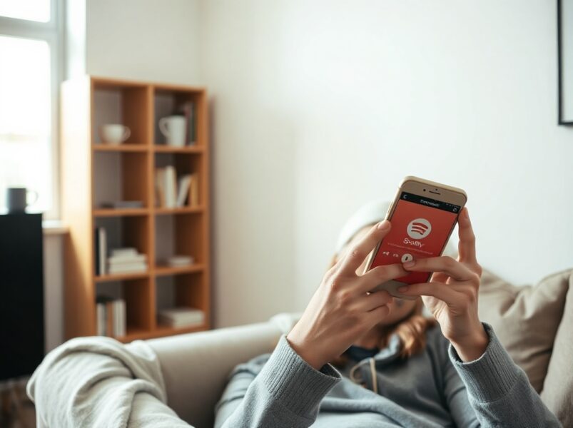 Person listening to an AI-generated podcast on Spotify app on a smartphone in a bright living room