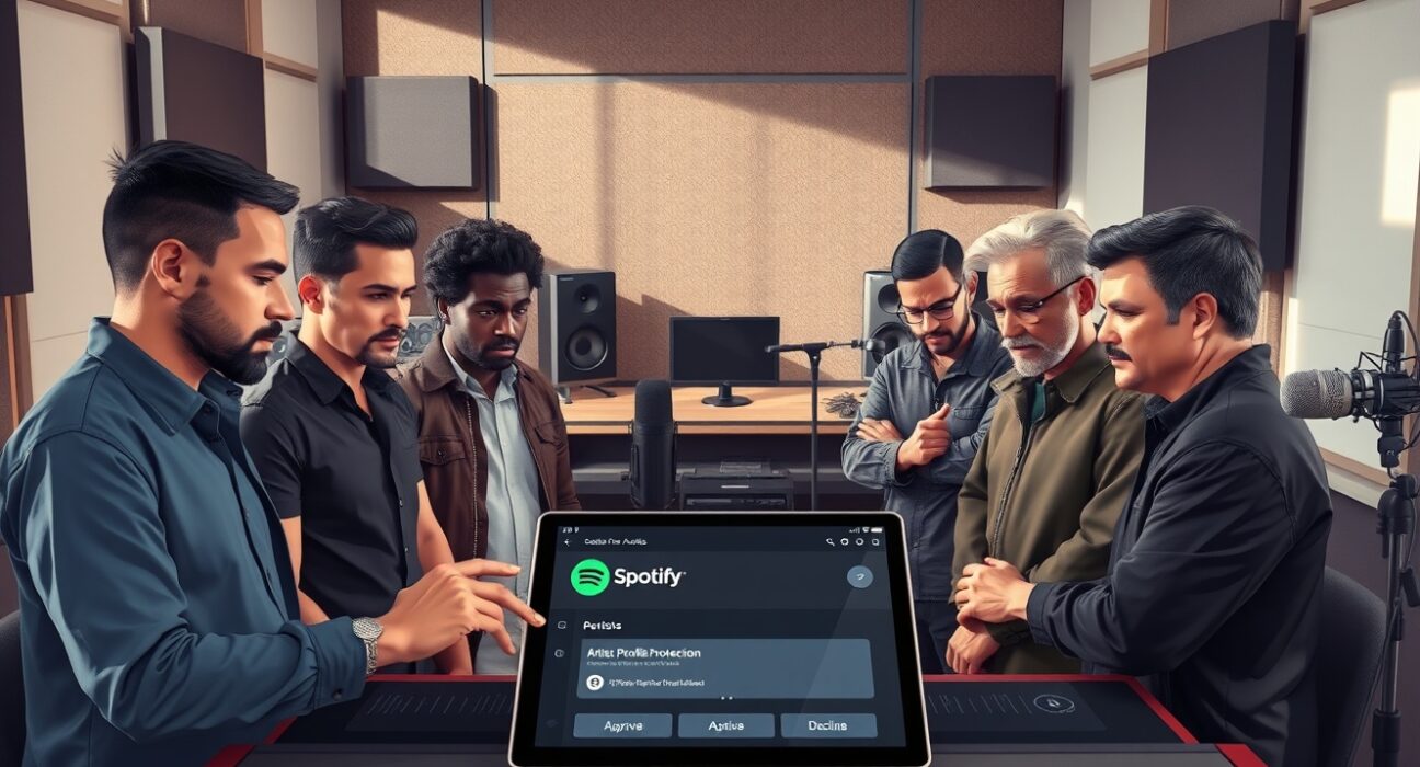 Spotify Artist Profile Protection feature in recording studio with musicians reviewing AI music submissions