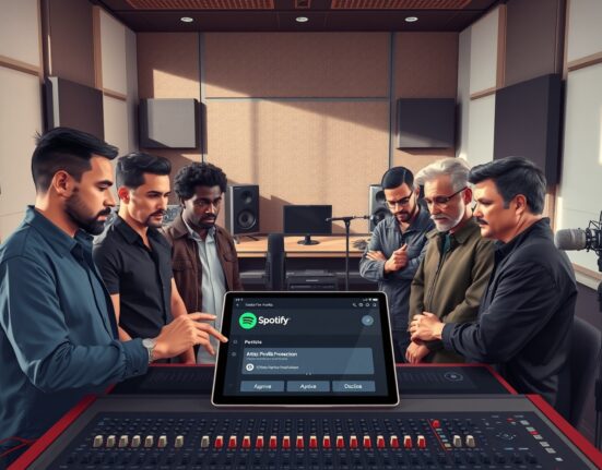 Spotify Artist Profile Protection feature in recording studio with musicians reviewing AI music submissions