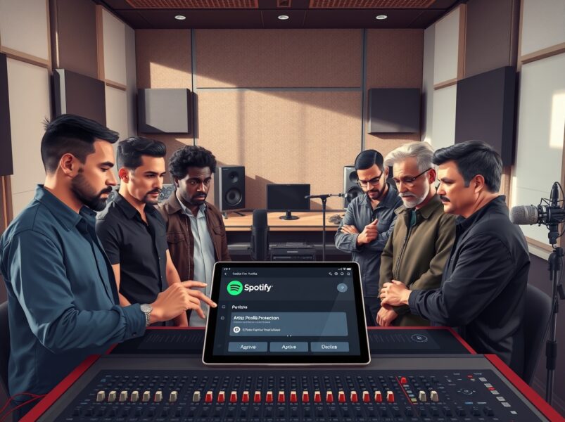 Spotify Artist Profile Protection feature in recording studio with musicians reviewing AI music submissions