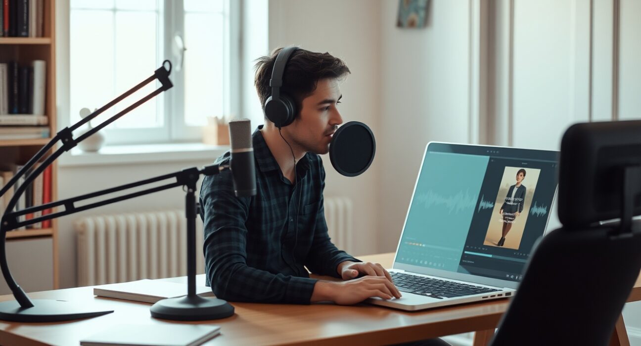 Person recording an audiobook at a desk with microphone and laptop showing audio waveform.