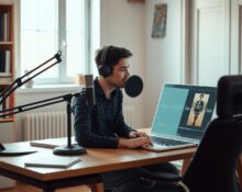 Person recording an audiobook at a desk with microphone and laptop showing audio waveform.