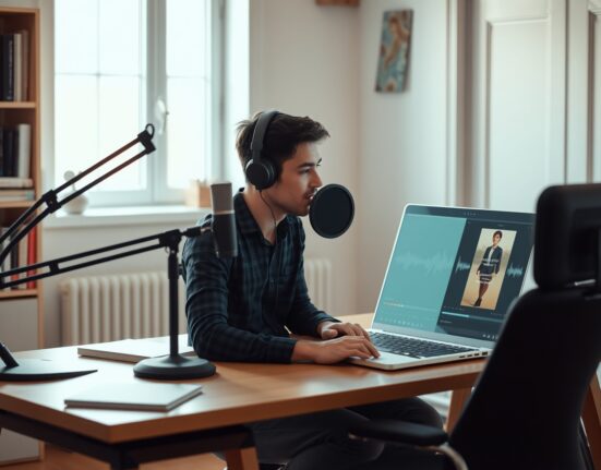 Person recording an audiobook at a desk with microphone and laptop showing audio waveform.