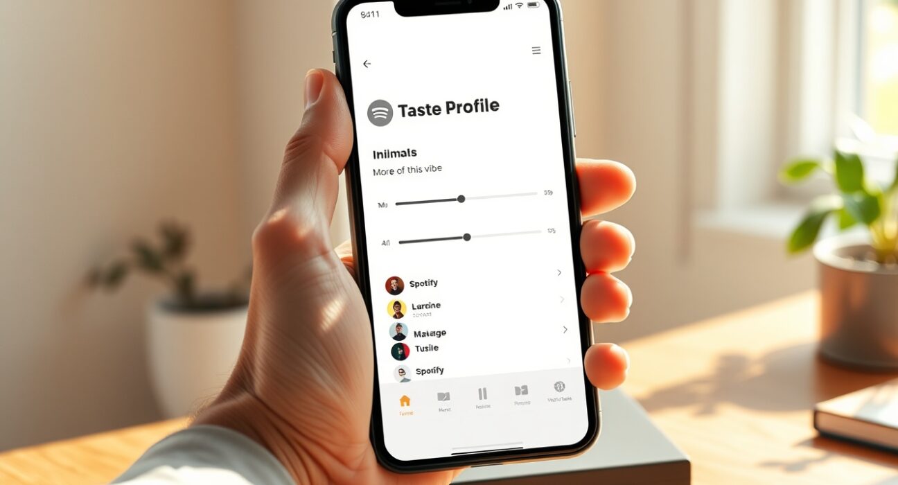 Spotify Taste Profile editing interface on a smartphone, showing user control over music recommendations.