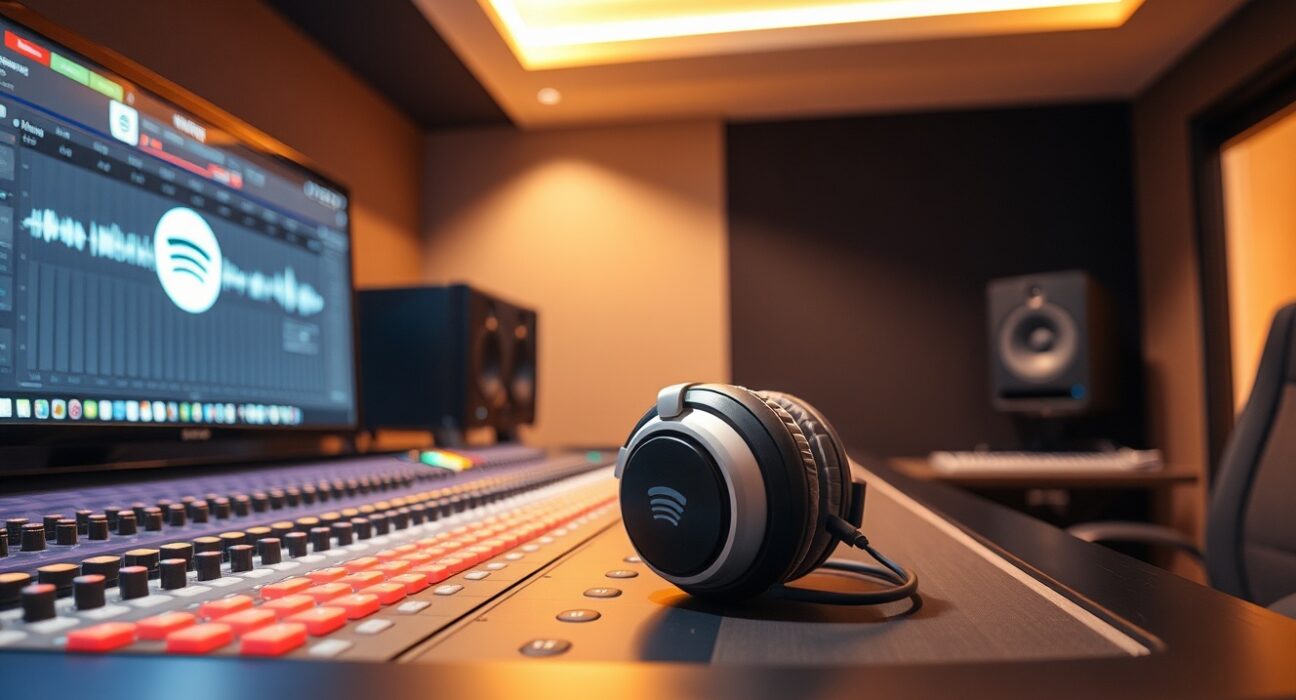 Studio headphones on a mixing console with AI music editing software on screen, representing Spotify's new AI cover and remix tool.