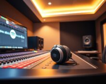 Studio headphones on a mixing console with AI music editing software on screen, representing Spotify's new AI cover and remix tool.