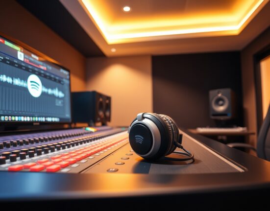 Studio headphones on a mixing console with AI music editing software on screen, representing Spotify's new AI cover and remix tool.