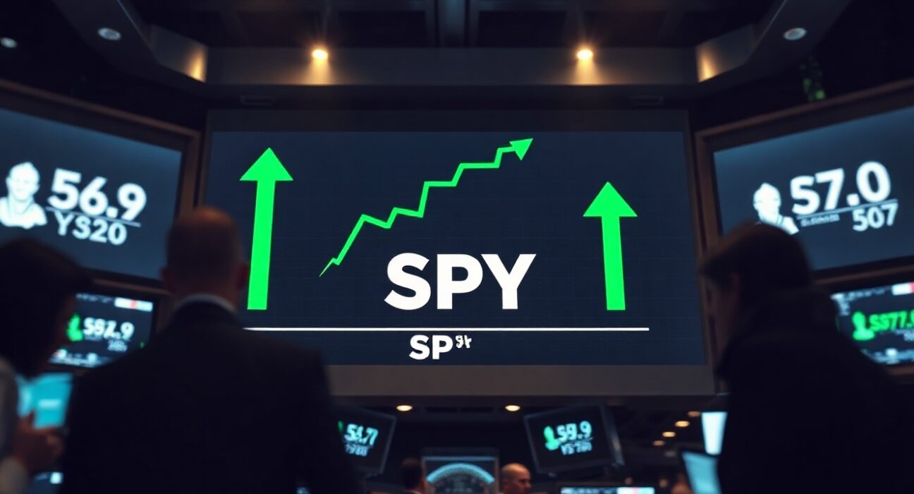 S&P 500 SPY stock chart showing bullish trend on a trading floor screen