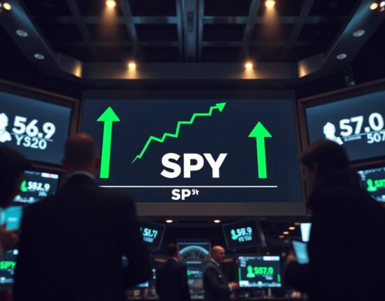 S&P 500 SPY stock chart showing bullish trend on a trading floor screen