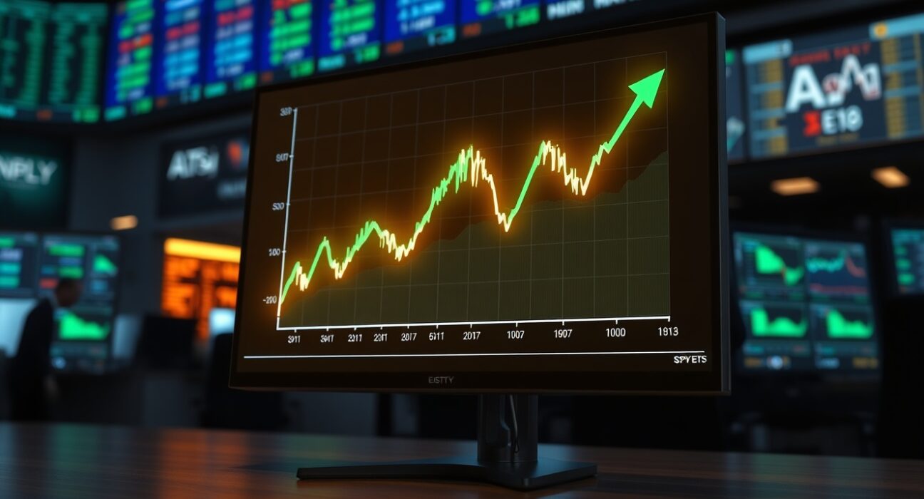 A glowing stock market chart showing a V-shaped recovery pattern on a monitor in a trading room.