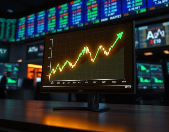 A glowing stock market chart showing a V-shaped recovery pattern on a monitor in a trading room.
