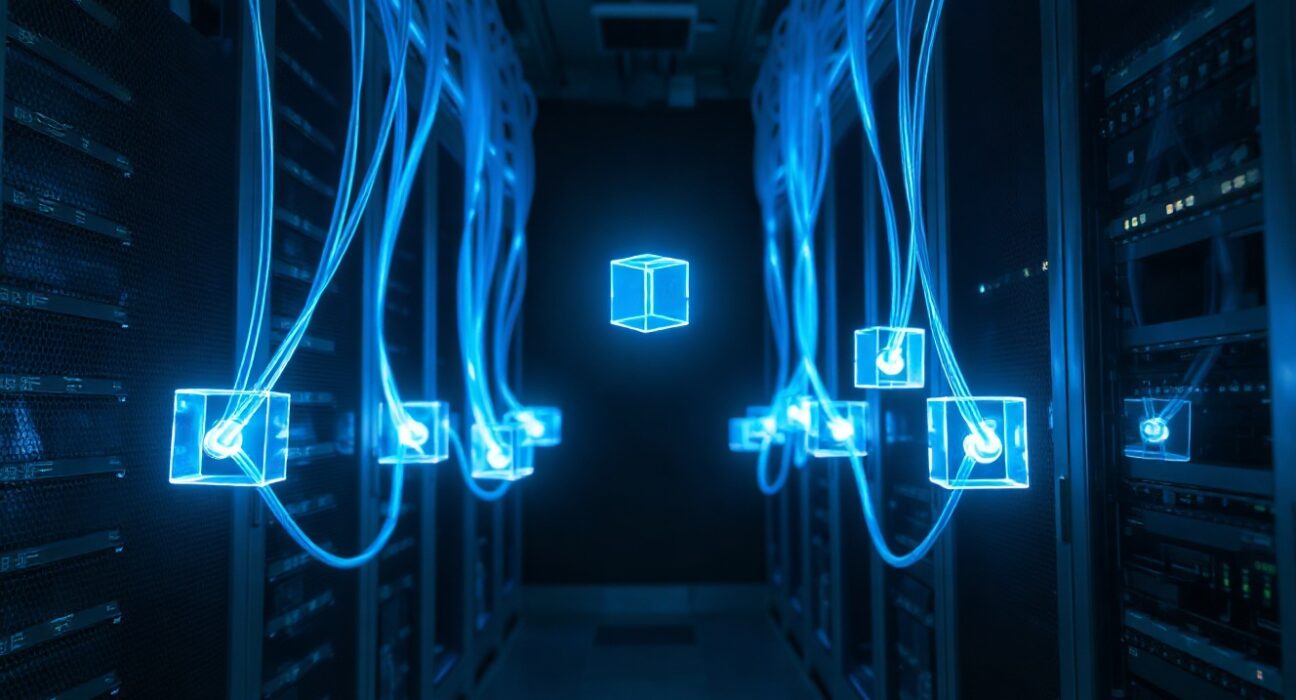 Abstract visualization of cross-chain blockchain infrastructure with glowing nodes and fiber optic cables.