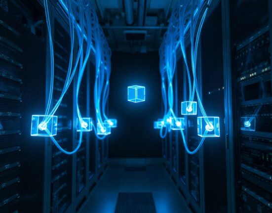 Abstract visualization of cross-chain blockchain infrastructure with glowing nodes and fiber optic cables.