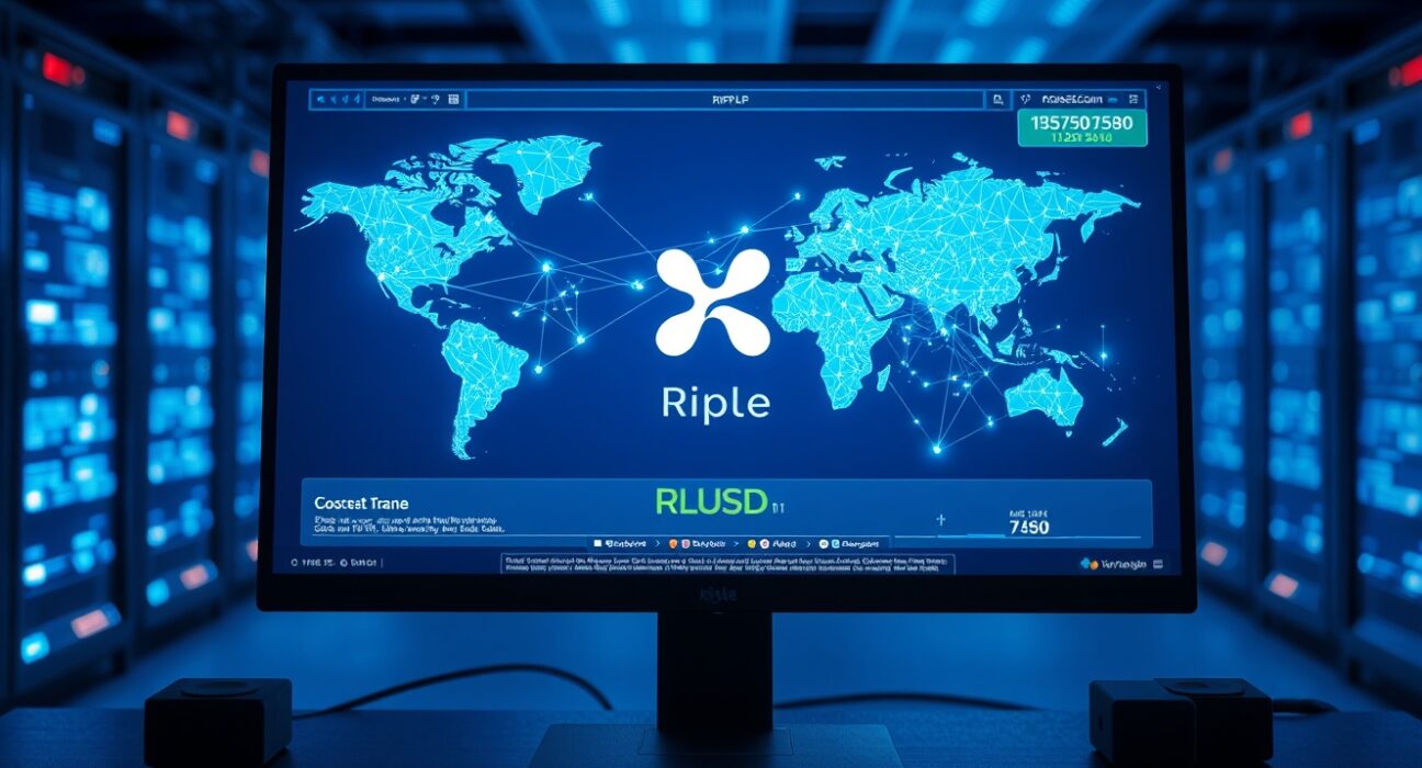 Digital interface showing cross-chain swap transaction with Ripple RLUSD stablecoin and blockchain network map