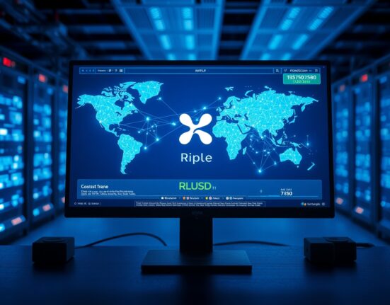 Digital interface showing cross-chain swap transaction with Ripple RLUSD stablecoin and blockchain network map