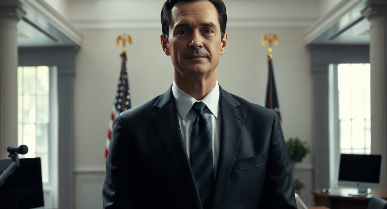 Sriram Krishnan, White House AI advisor, standing at a podium in a government office.