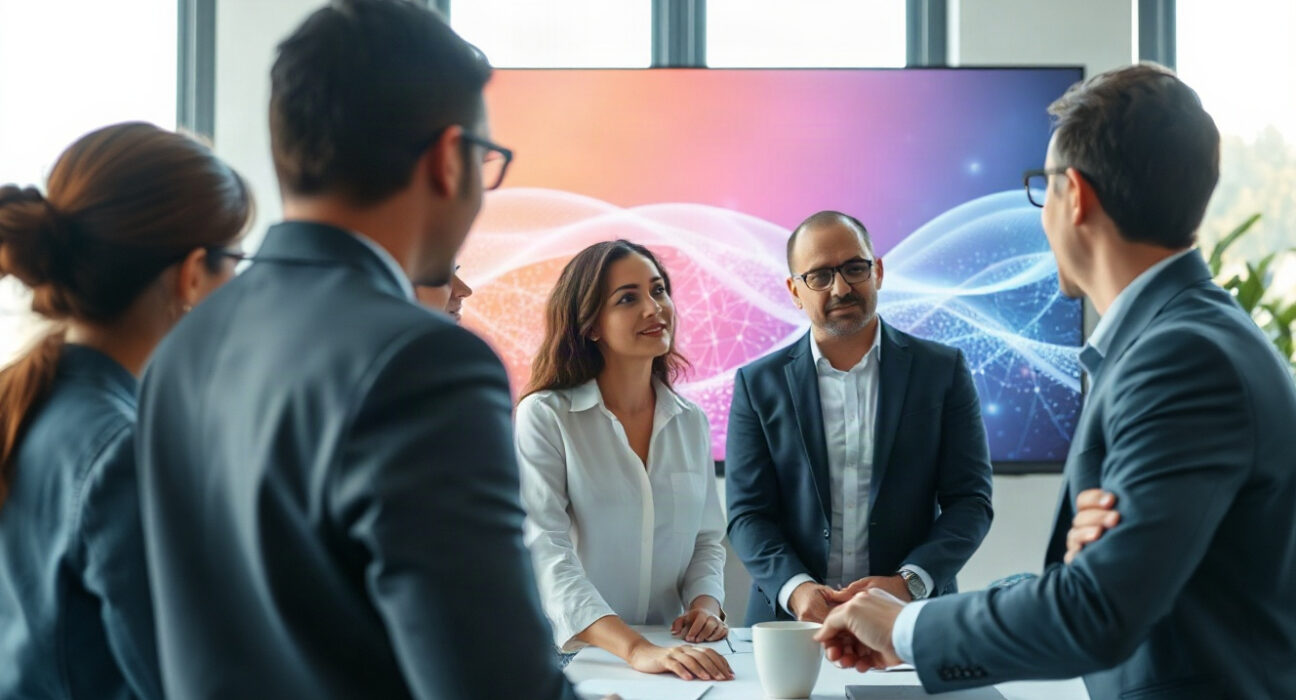 Stability AI team in a modern office with AI graphics on screen, representing creative AI development